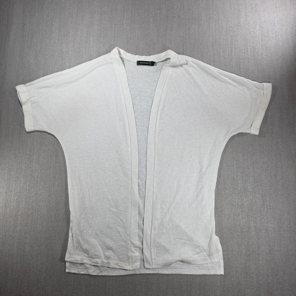 MEROKEETY Cardigan Women Medium White Short Sleeve Open Front Lightweight Knit